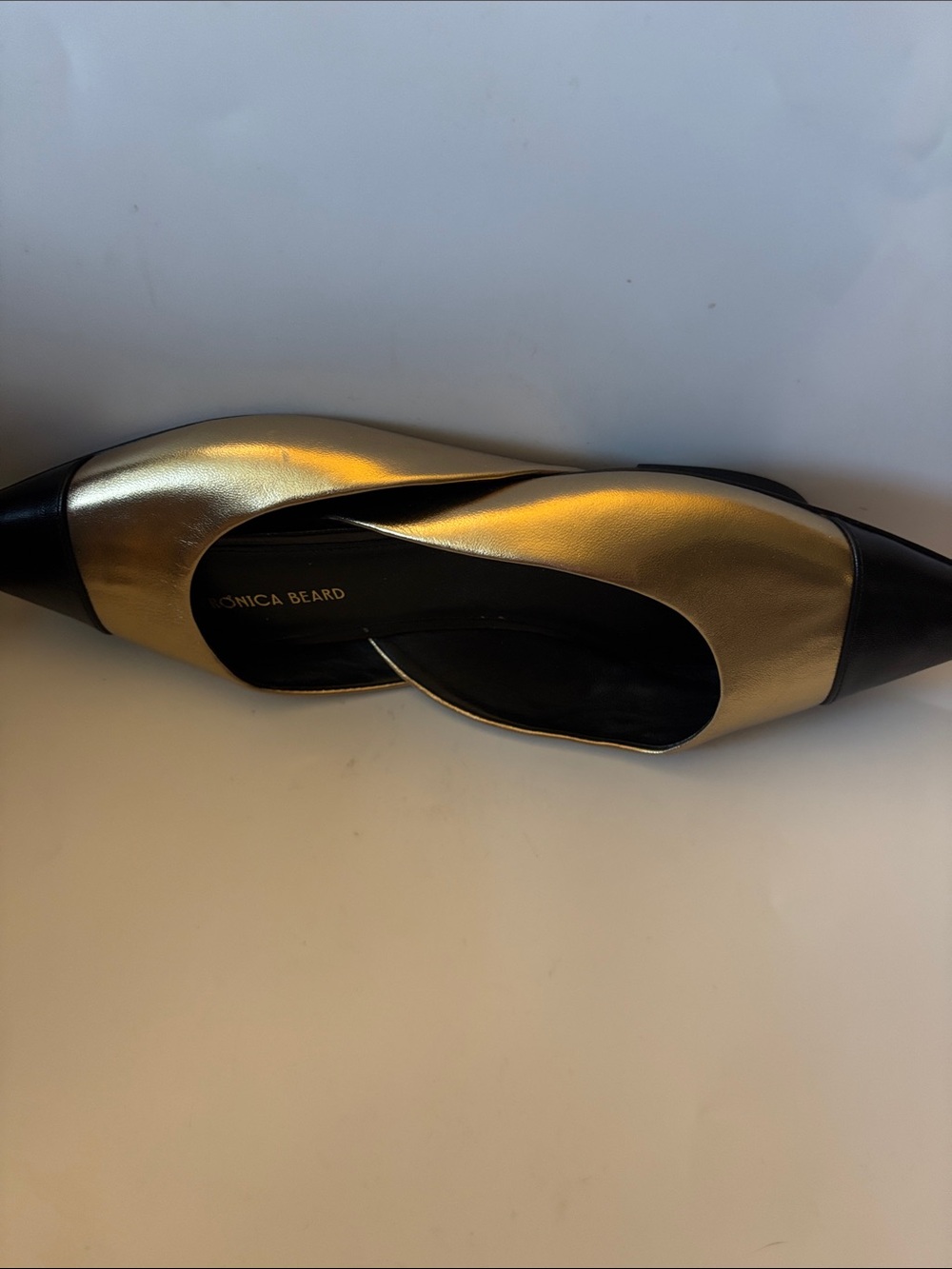Veronica Beard Metallic Gold and Black Pointed Leather Mules - Picture 6 of 9